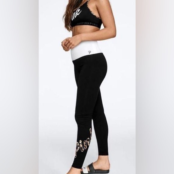 PINK Victoria's Secret Pants - PINK Victoria's Secret high waisted black/white leopard leggings size SMALL